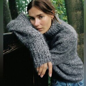 Zara Woman Wool Alpaca Blend Gray Pullover Turtleneck Knit Sweater Size M